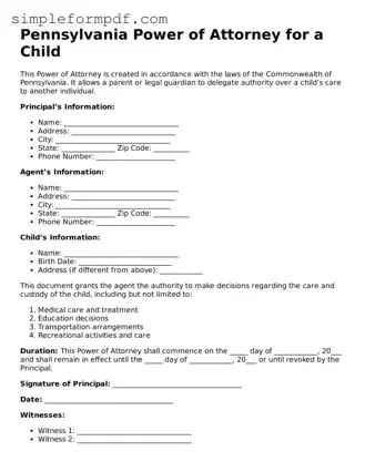 Free Power of Attorney for a Child Form for the State of Pennsylvania