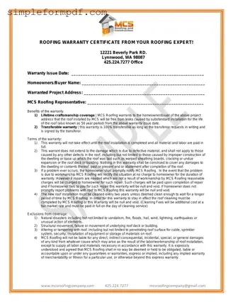 Roofing Warranty Certificate PDF Form