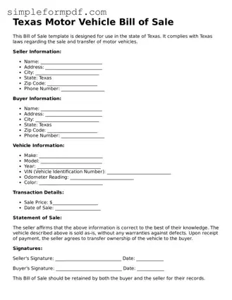 Free Motor Vehicle Bill of Sale Form for the State of Texas