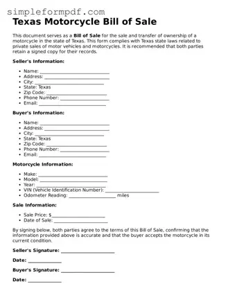 Free Motorcycle Bill of Sale Form for the State of Texas