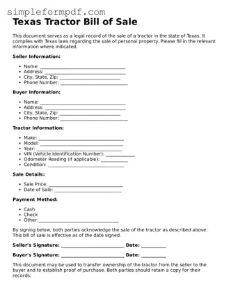Free Tractor Bill of Sale Form for the State of Texas