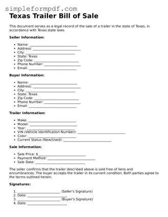Free Trailer Bill of Sale Form for the State of Texas