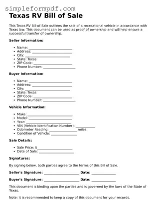 Free RV Bill of Sale Form for the State of Texas