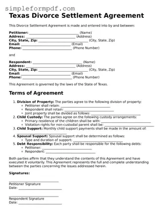 Free Divorce Settlement Agreement Form for the State of Texas