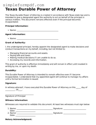 Free Durable Power of Attorney Form for the State of Texas