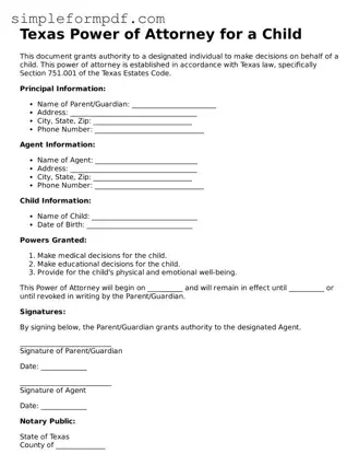 Free Power of Attorney for a Child Form for the State of Texas