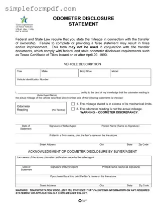 Texas Odometer Statement PDF Form