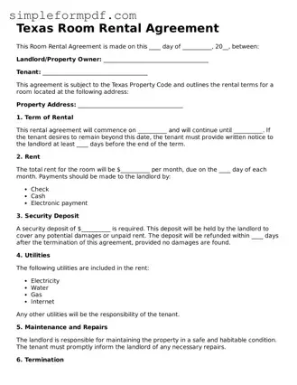 Free Room Rental Agreement Form for the State of Texas