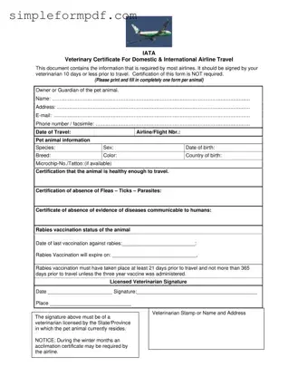 Veterinary Certificate Travel PDF Form