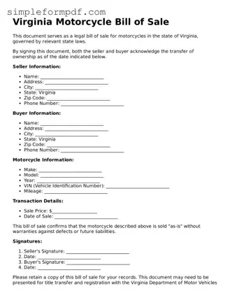 Free Motorcycle Bill of Sale Form for the State of Virginia