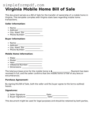 Free Mobile Home Bill of Sale Form for the State of Virginia