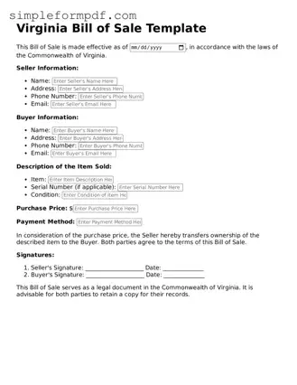 Free Bill of Sale Form for the State of Virginia