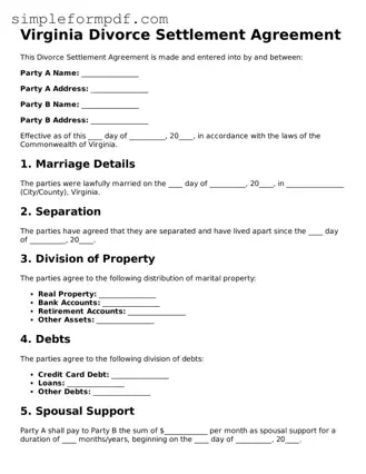 Free Divorce Settlement Agreement Form for the State of Virginia