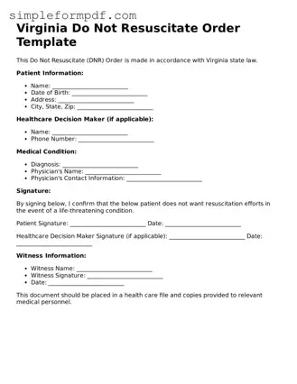 Free Do Not Resuscitate Order Form for the State of Virginia