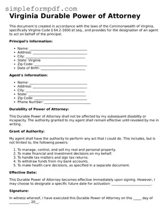 Free Durable Power of Attorney Form for the State of Virginia