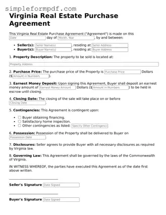 Free Real Estate Purchase Agreement Form for the State of Virginia