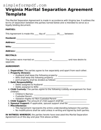 Free Marital Separation Agreement Form for the State of Virginia