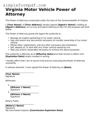 Free Motor Vehicle Power of Attorney Form for the State of Virginia