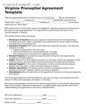 Free Prenuptial Agreement Form for the State of Virginia