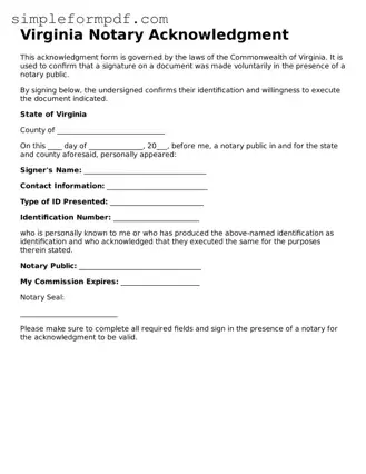 Free Notary Acknowledgement Form for the State of Virginia
