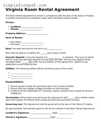 Free Room Rental Agreement Form for the State of Virginia