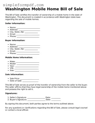 Free Mobile Home Bill of Sale Form for the State of Washington
