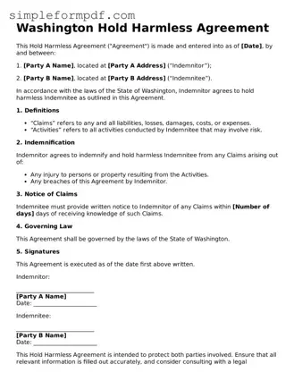 Free Hold Harmless Agreement Form for the State of Washington