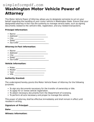 Free Motor Vehicle Power of Attorney Form for the State of Washington