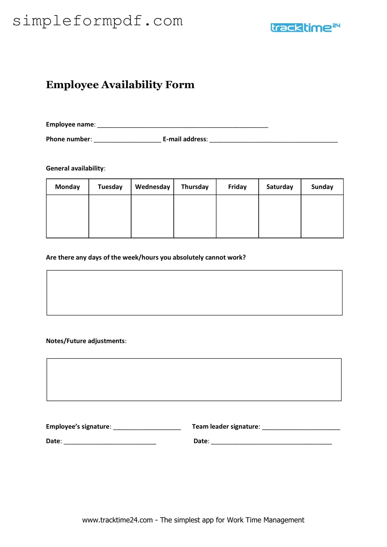 Employee Availability PDF Form