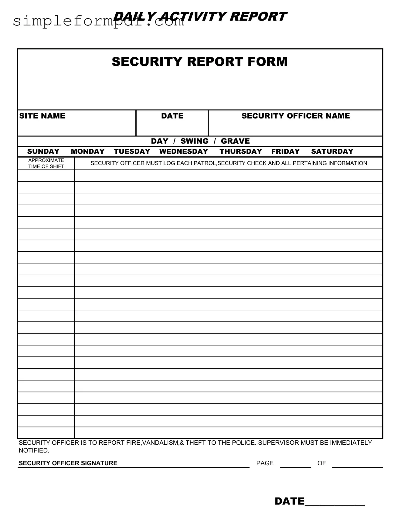Security Guard Daily Report Sample PDF Form