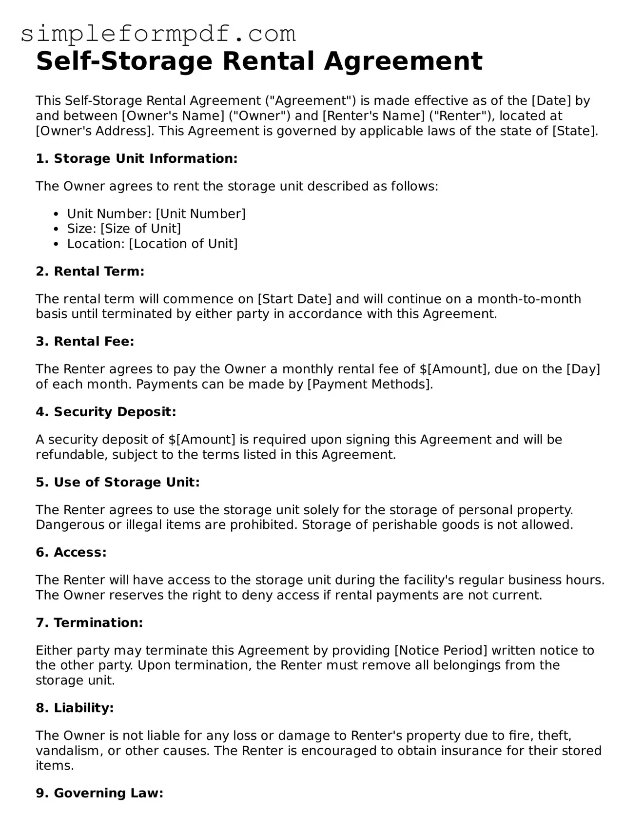 Fillable Self-Storage Rental Agreement Template