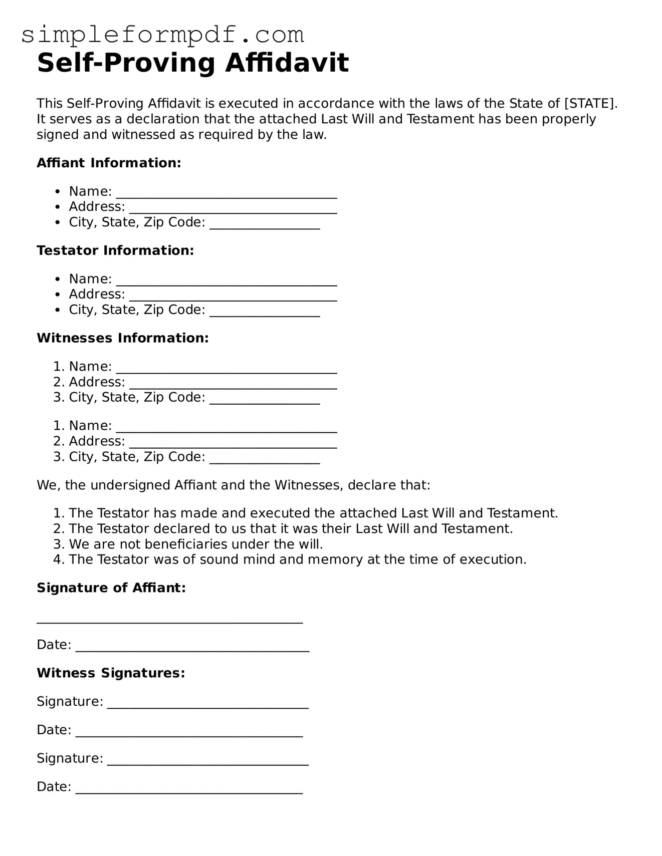 Fillable Self-Proving Affidavit Template