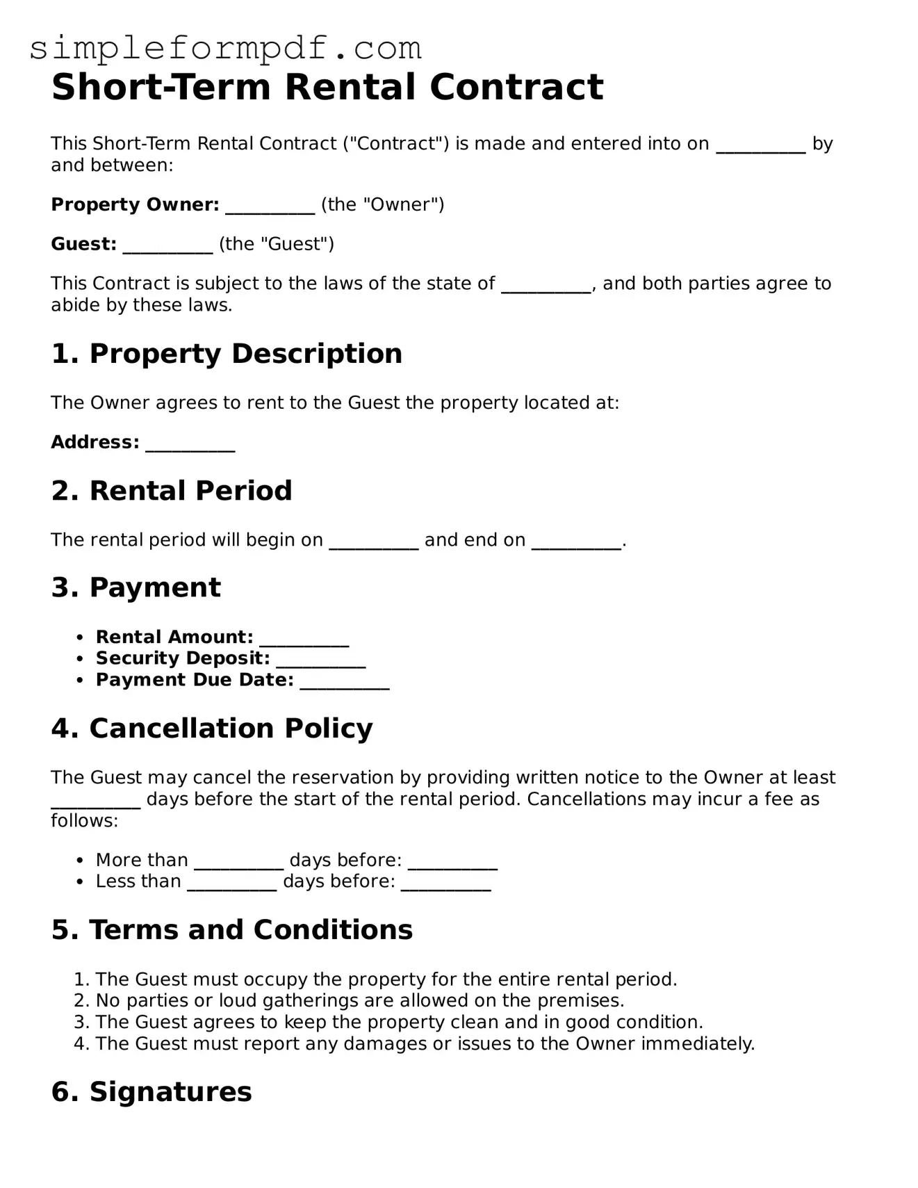 Fillable Short-Term Rental Contract Template