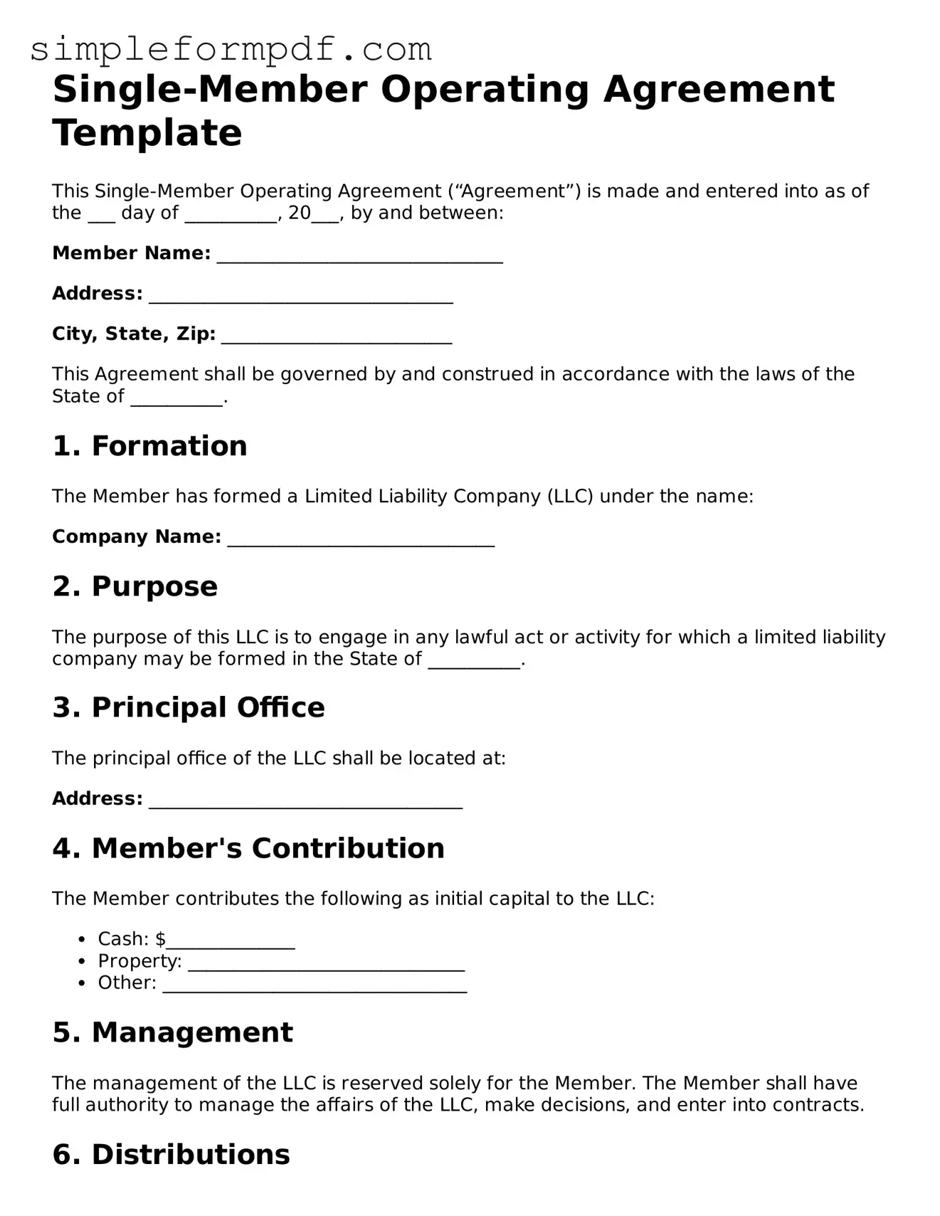 Fillable Single-Member Operating Agreement Template