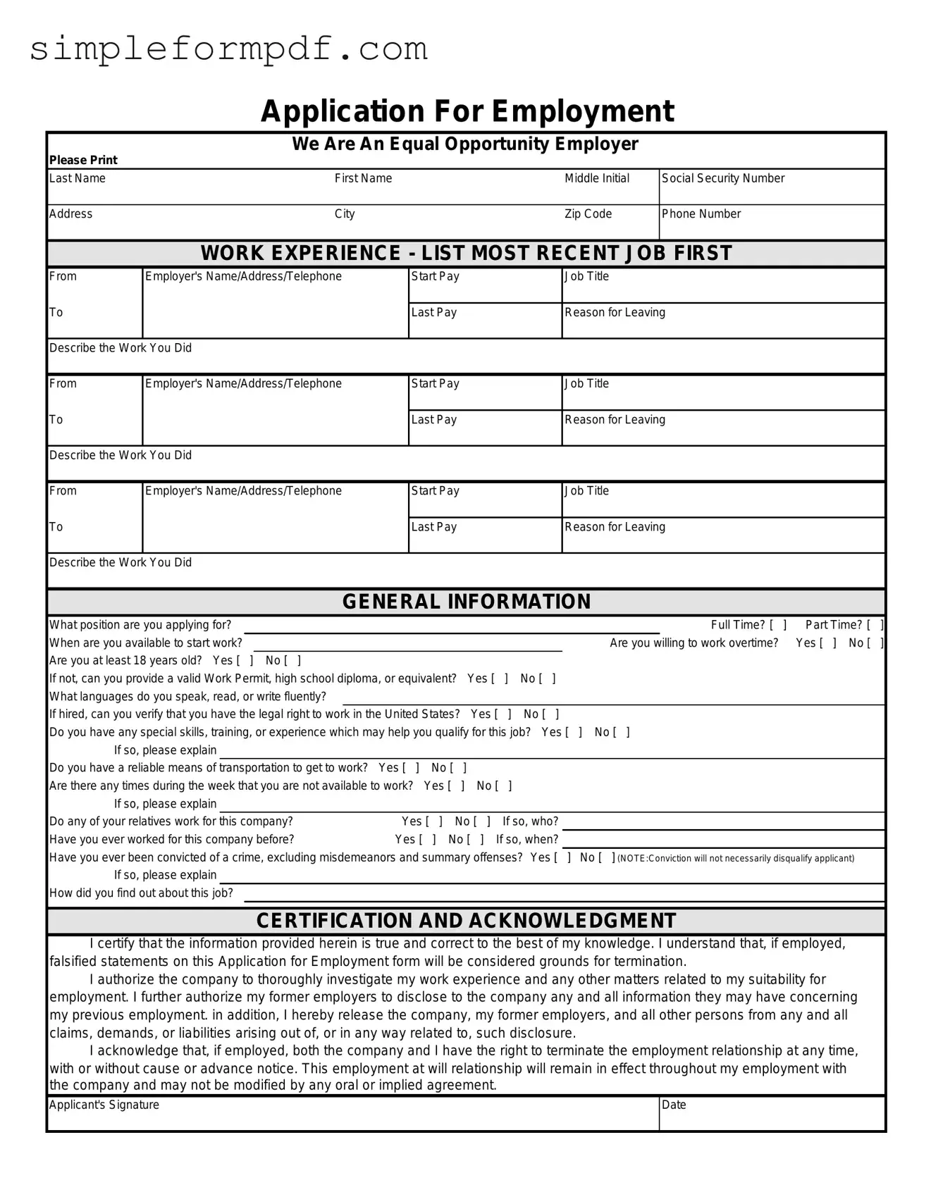 Spanish Application Employment PDF Form
