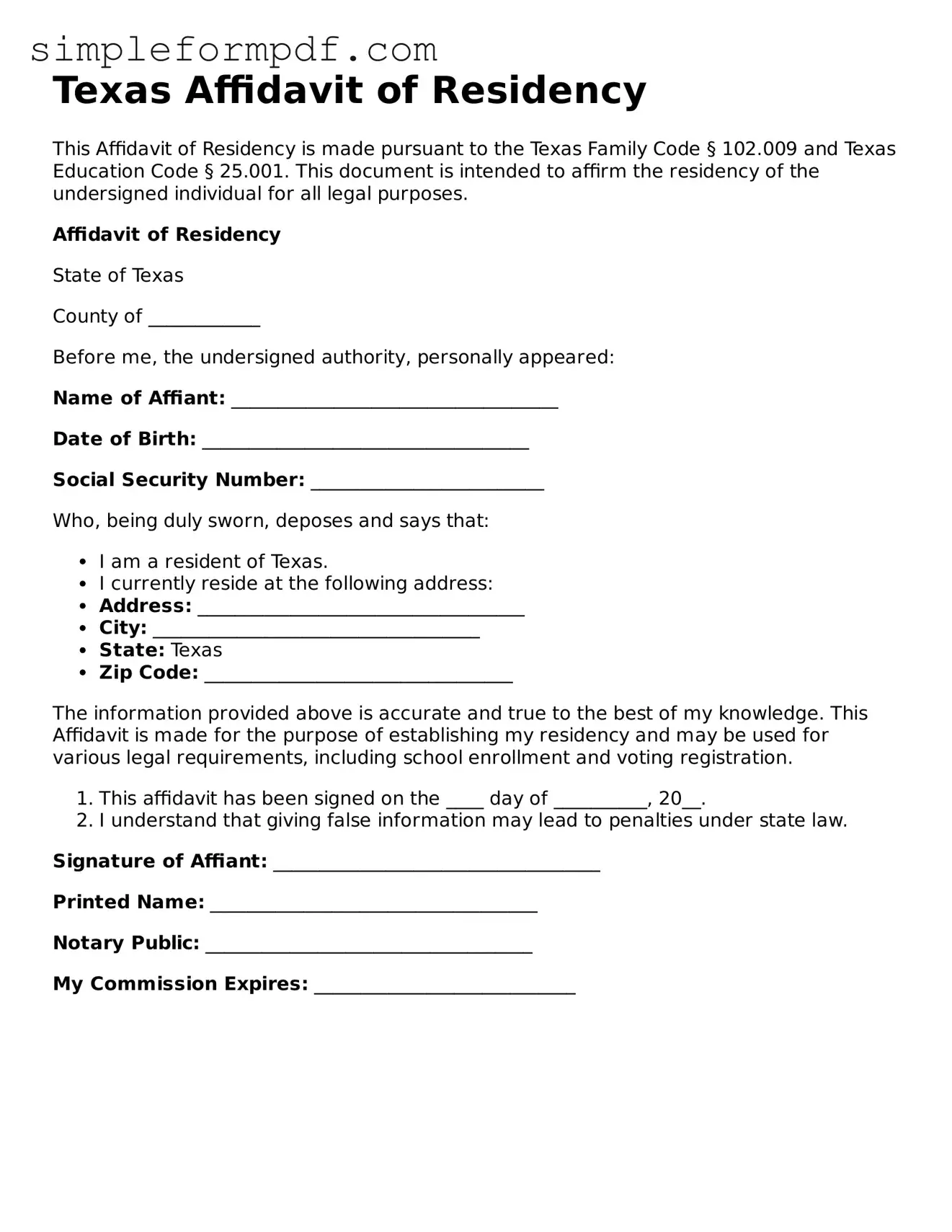 Free Affidavit of Residency Form for the State of Texas