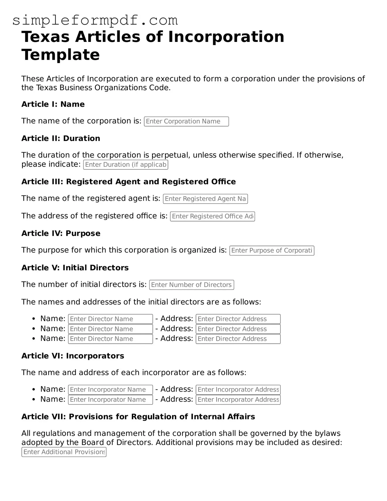 Free Articles of Incorporation Form for the State of Texas