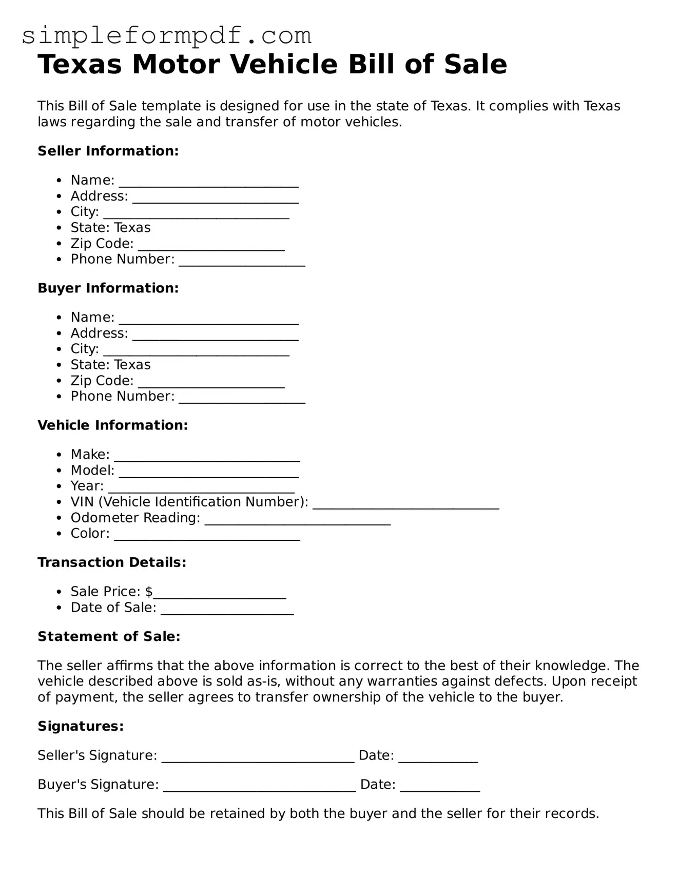 Free Motor Vehicle Bill of Sale Form for the State of Texas