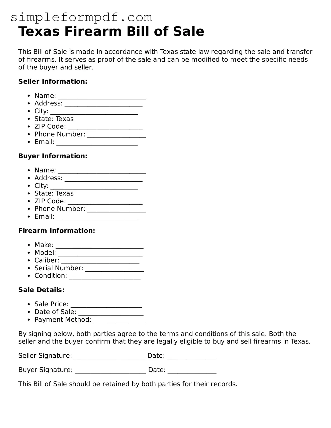 Free Firearm Bill of Sale Form for the State of Texas