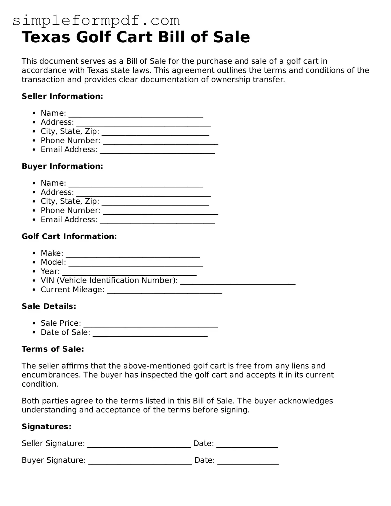Free Golf Cart Bill of Sale Form for the State of Texas