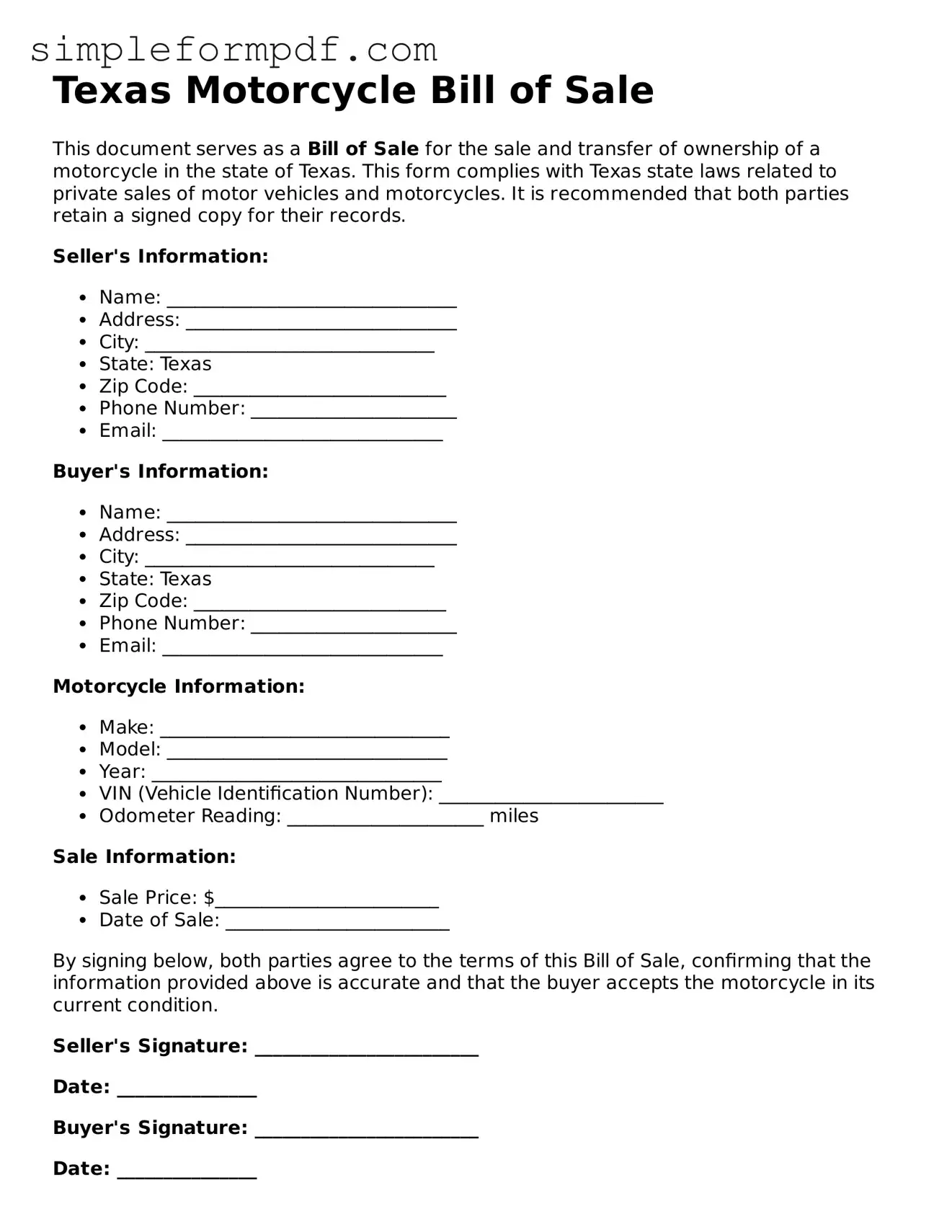 Free Motorcycle Bill of Sale Form for the State of Texas