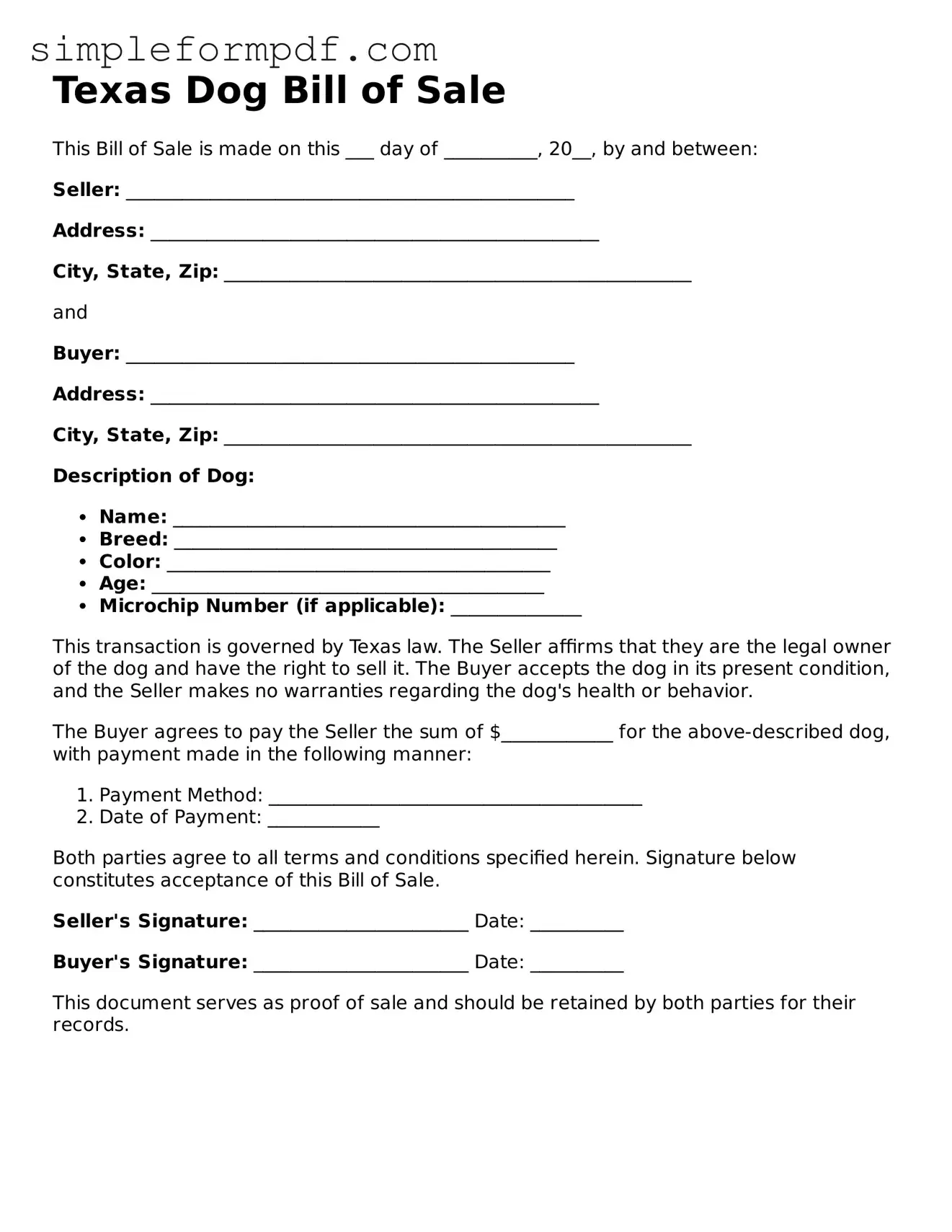 Free Dog Bill of Sale Form for the State of Texas