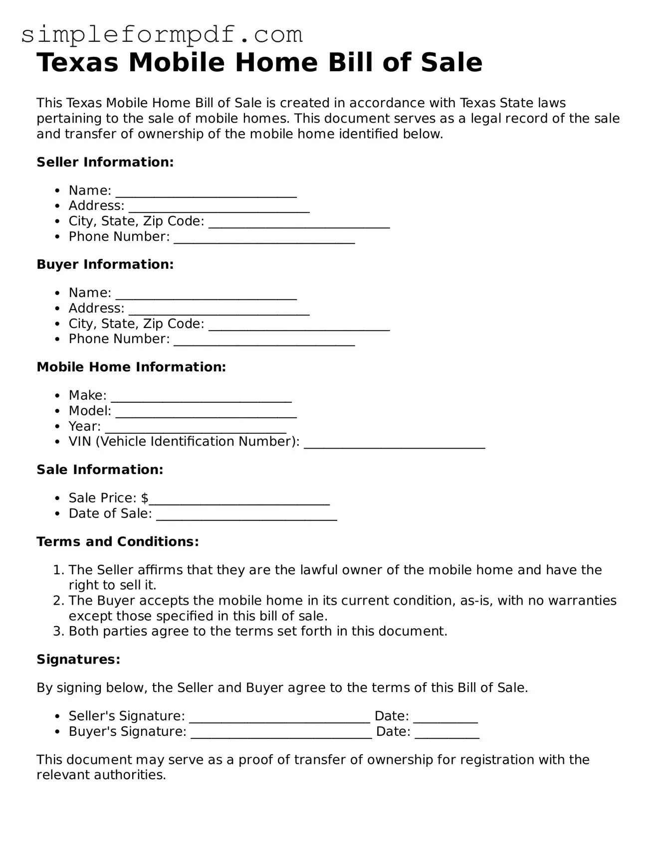 Free Mobile Home Bill of Sale Form for the State of Texas