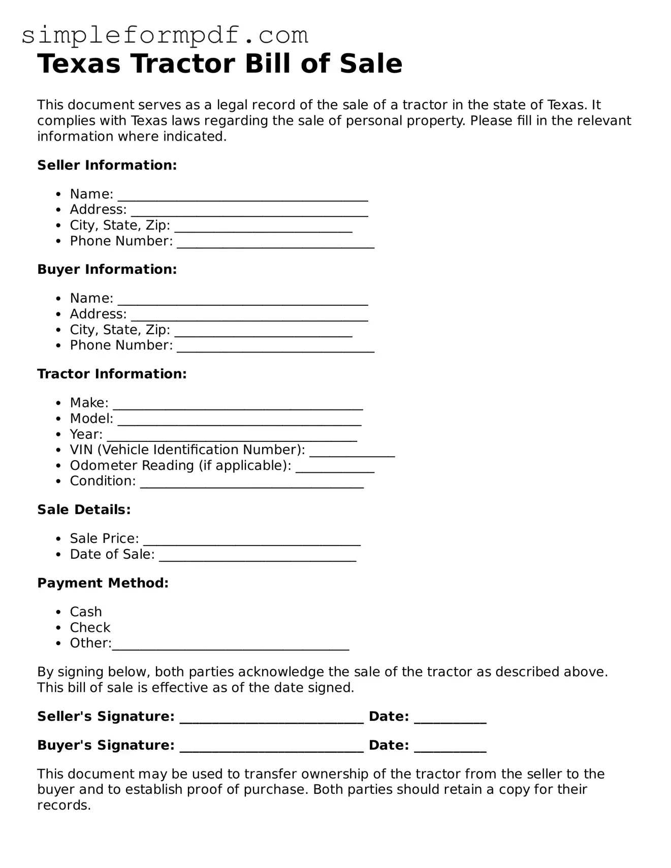 Free Tractor Bill of Sale Form for the State of Texas