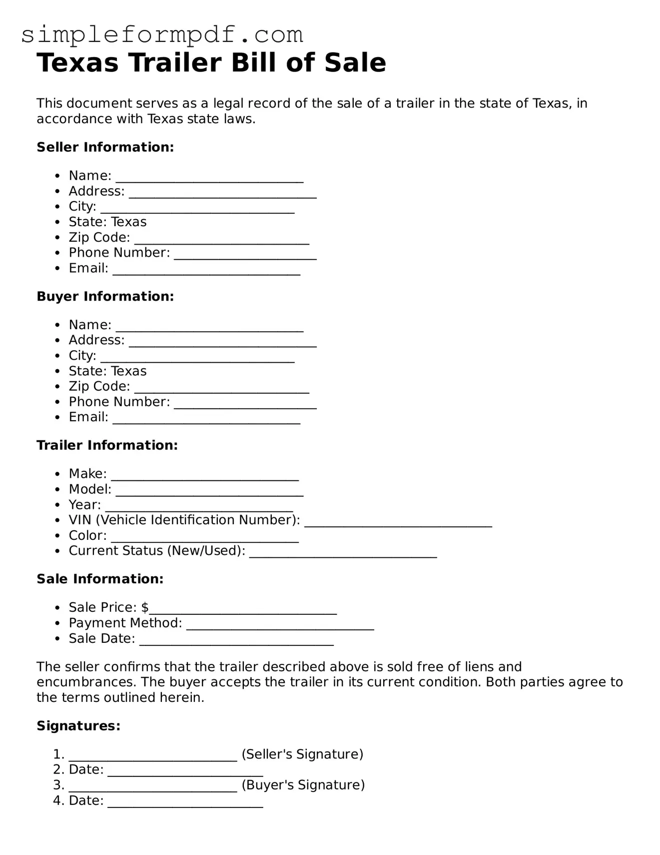 Free Trailer Bill of Sale Form for the State of Texas