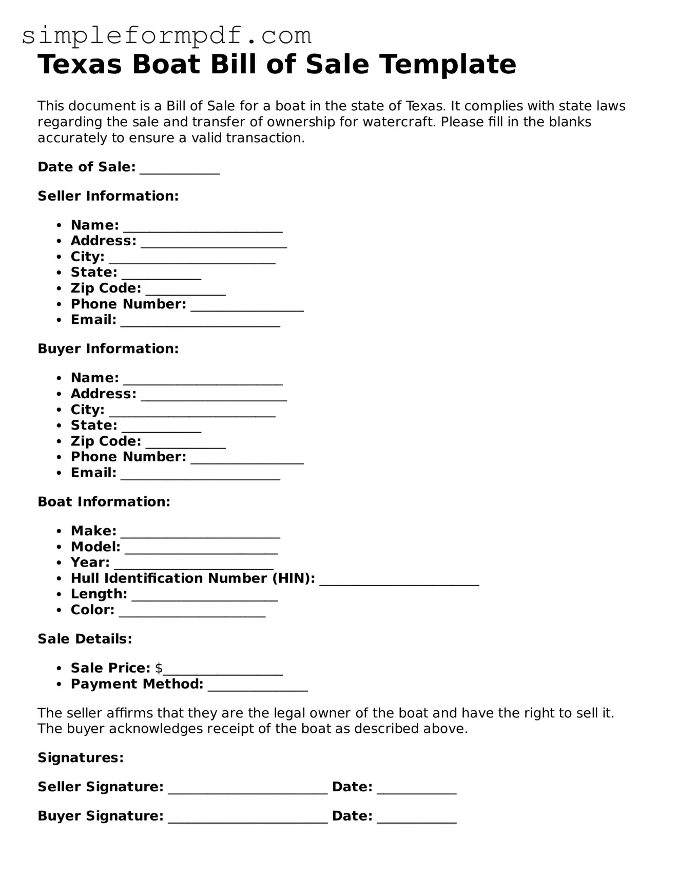 Free Boat Bill of Sale Form for the State of Texas
