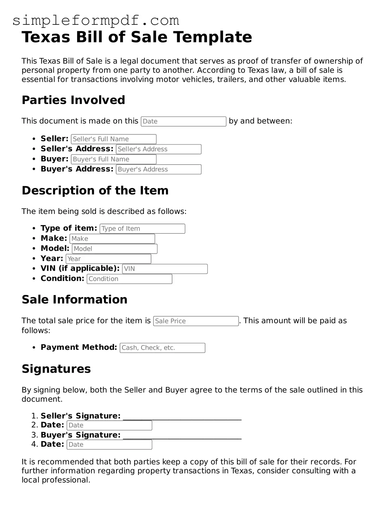 Free Bill of Sale Form for the State of Texas
