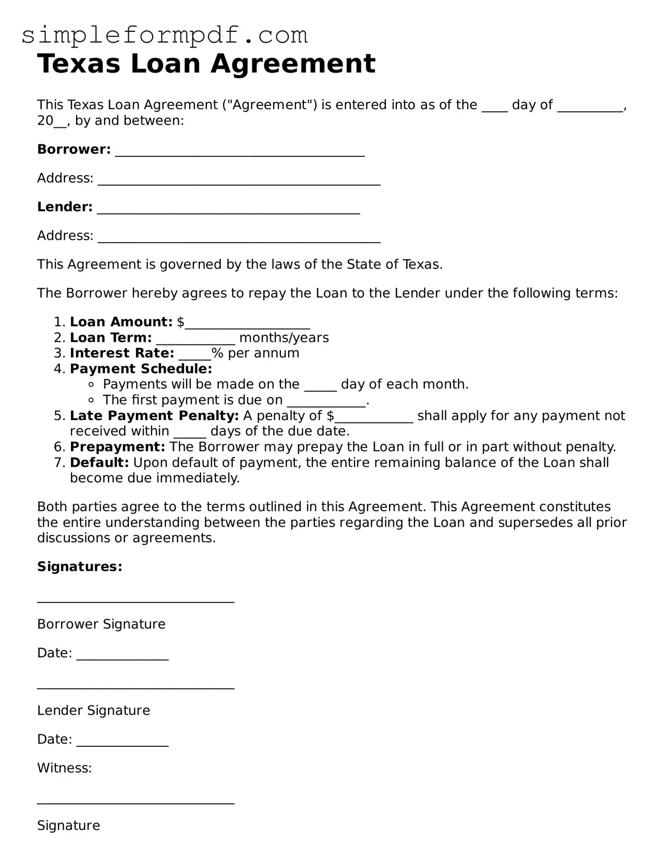 Free Loan Agreement Form for the State of Texas