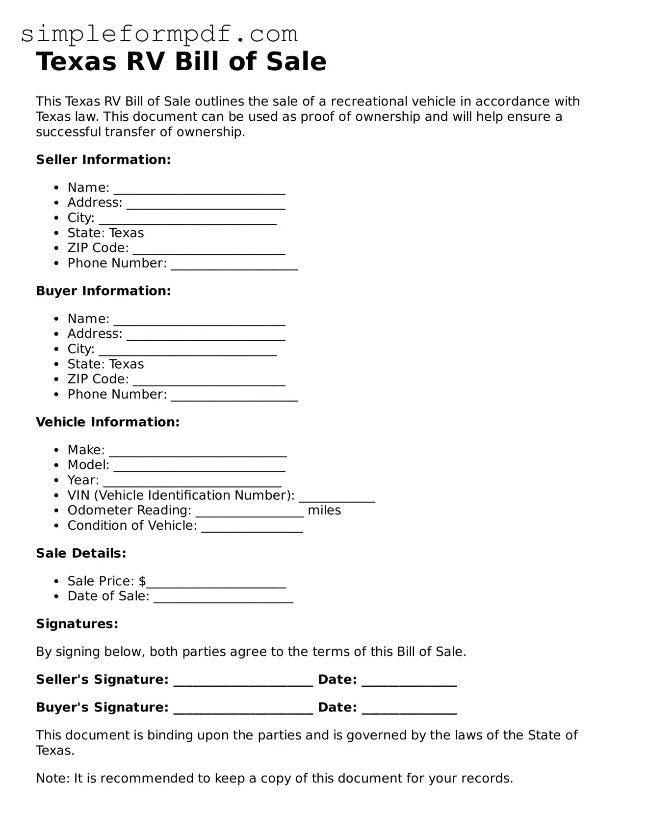 Free RV Bill of Sale Form for the State of Texas