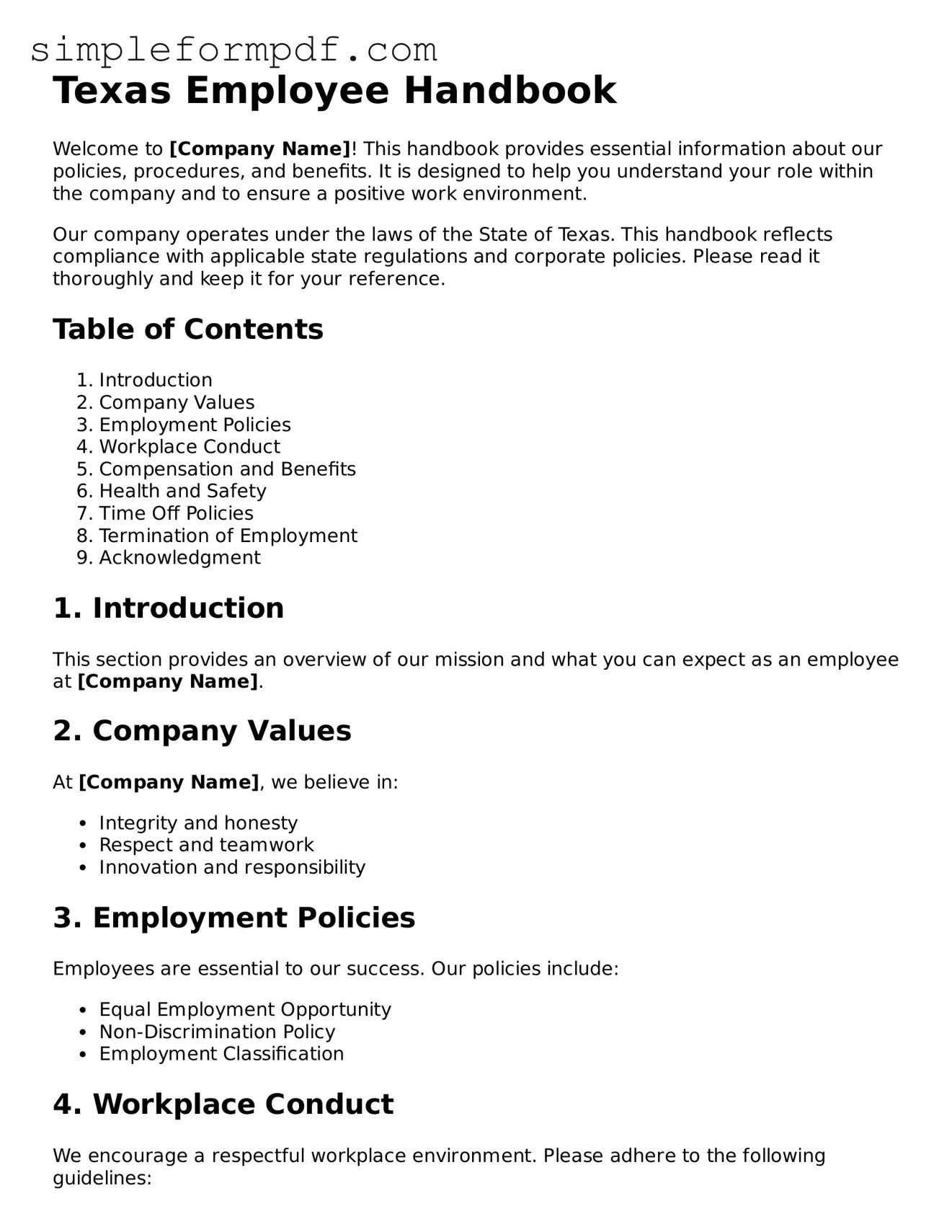 Free Employee Handbook Form for the State of Texas